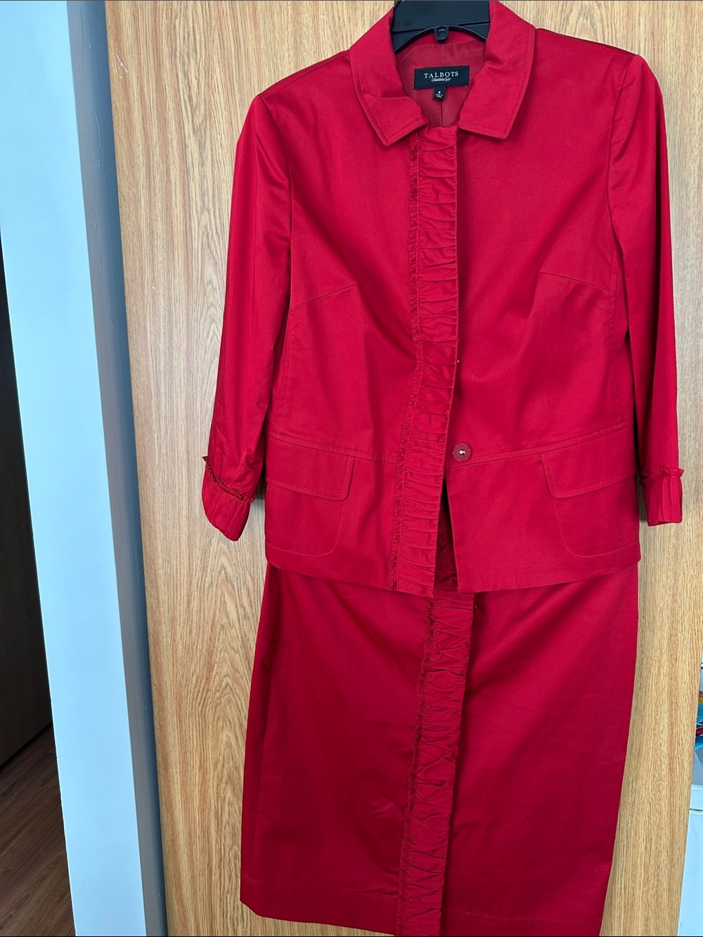 Talbots Red Two-Piece Ruffled Skirt Suit